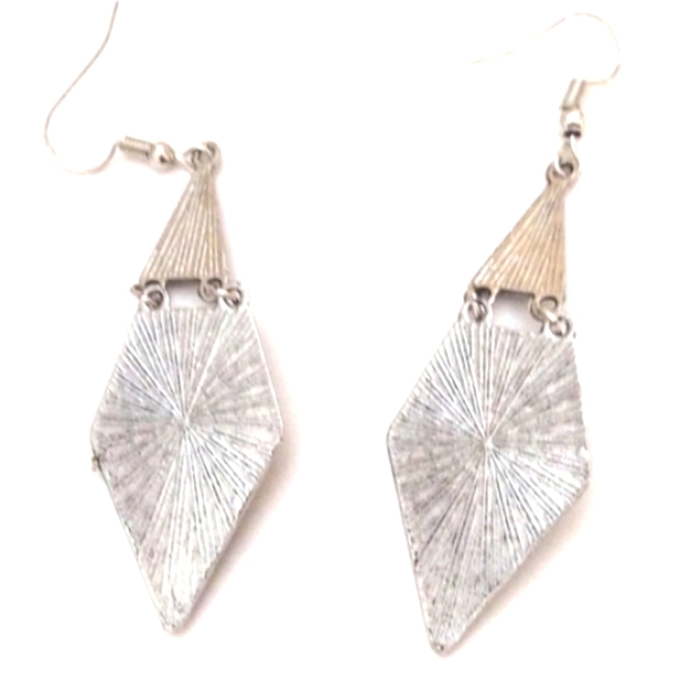 VINTAGE TRIANGULAR GEOMETRIC DROP DANGLE SILVER-TONE & BLUE HOOK 2.8" EARRINGS - Picture 4 of 6